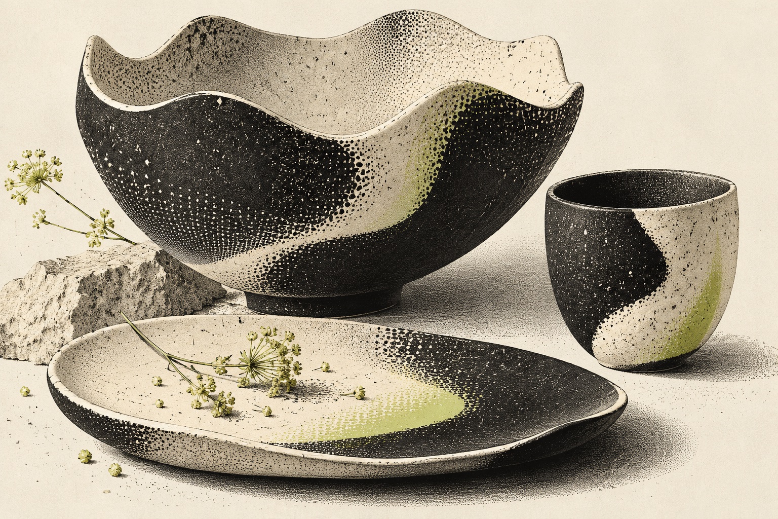 Textured ink study of a sculptural salad bowl, cup and serving plate